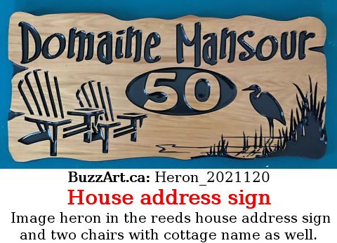 Image heron in the reeds house address sign and two chairs with cottage name as well.